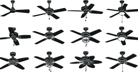 Vector Set of Ceiling Fan Silhouettes Featuring Various Blade Counts and Light Fixture Styles for Interior Design and Home Appliance Graphics