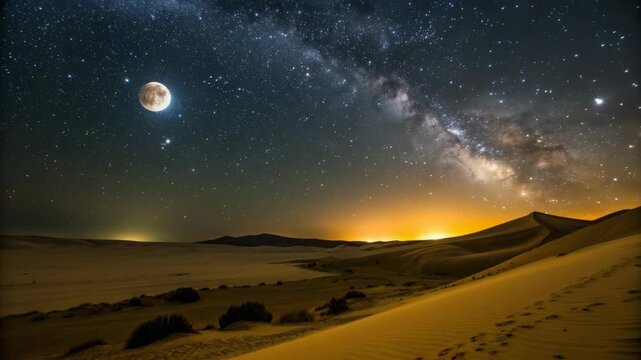Breathtaking Desert Night Sky with Milky Way and Full Moon Cinematic Landscape Scene