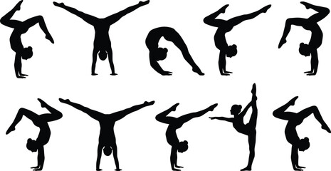 Yoga and acrobatic fitness silhouette set showcasing dynamic poses for balance, strength, flexibility training, athletic performance, and wellness inspiration