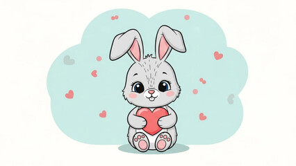 Fototapeta premium Cute cartoon rabbit holding red heart on blue background with hearts, adorable illustration, love symbol, digital artwork, rabbit