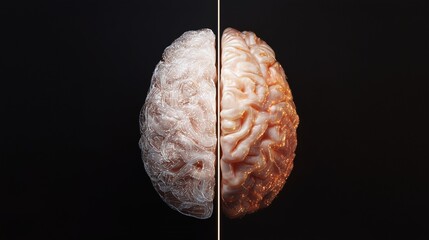 Visual representation of human brain showing two distinct hemispheres with different textures