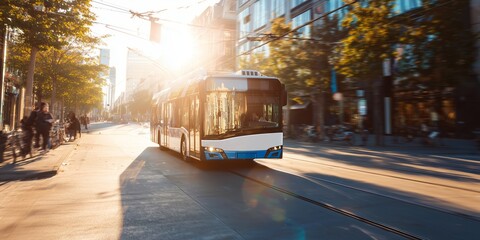 Obraz premium City bus travels along busy street during sunset in urban area with people walking