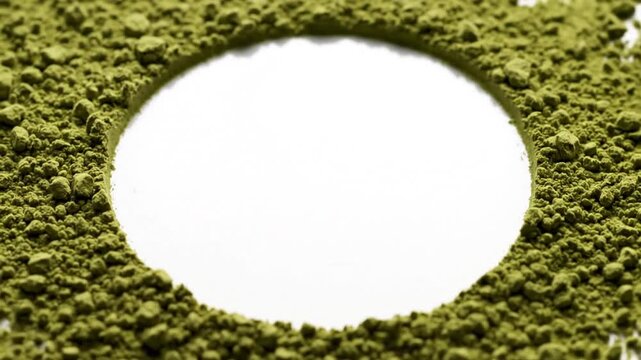 Minimalist green matcha powder background featuring a perfect white circle providing clean copy space for creative branding modern design wellness concept and elegant organic visual composition