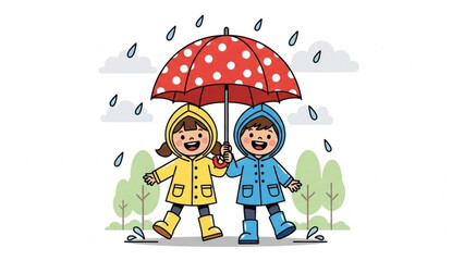 Two happy kids in raincoats and boots walking under red polka dot umbrella on rainy day with trees and clouds