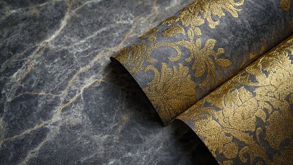 Elegant Glossy Stone Texture with Silk and Golden Floral Design