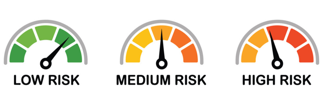 Risk meter icon set, speedometer-style risk gauges illustrating low, medium, high levels, vector icons for business analytics, safety monitoring, risk assessment, management dashboards, and corporate 