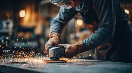 Medium shot of a worker manually smoothing rough casting surfaces using a handheld surface grinder in an industrial workshop setting.