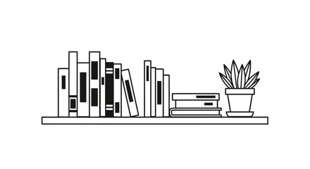 A simple shelf displays books and a potted plant in black and white © Tasnim Studio