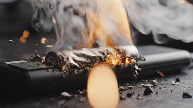 Swollen lithium battery bursting from damaged power bank case illustrating danger of overheating failure risk energy storage hazard and electronic safety warning concept