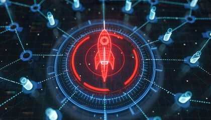 Digital Launch: A vibrant digital illustration of a rocket ship launch, symbolizing innovation and technological advancement, with interconnected nodes in a futuristic design.