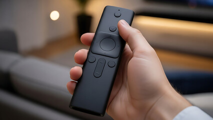 Close-up of a hand holding a black remote control with buttons, ready to change channels on a television in a living room