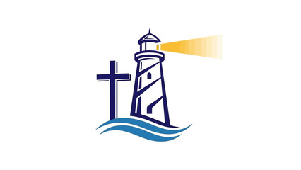 Fototapeta premium Lighthouse beacon shining bright with cross on ocean waves