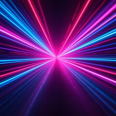Fototapeta premium Vibrant neon light beams radiating from a central point in a dark space with pink, blue, and purple hues, creating a dynamic abstract background