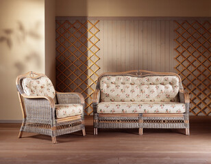 Single shot photo of a room with a wicker sofa and armchair