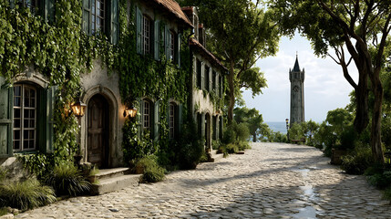 Cobblestone Street with Green Building and Distant Tower