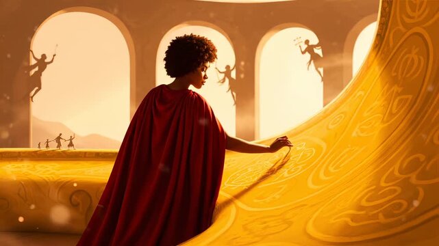 Woman in red cape touches golden book with magical symbols in fantasy palace. Fairy silhouettes dance through arches. Woman reads magical book. Golden pages glow with fantasy symbols in palace.