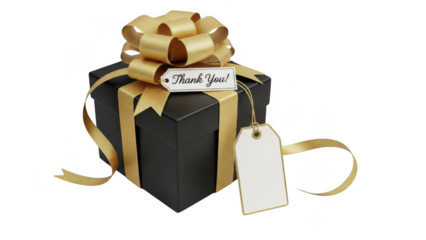 Black gift box with gold ribbon and thank you tag isolated on transparent background Keywords