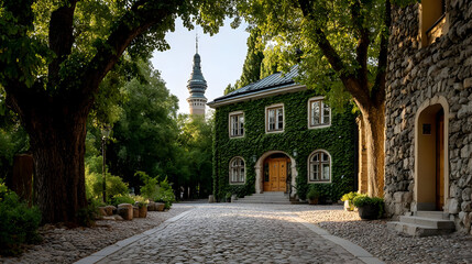 Cobblestone Street with Green Building and Distant Tower