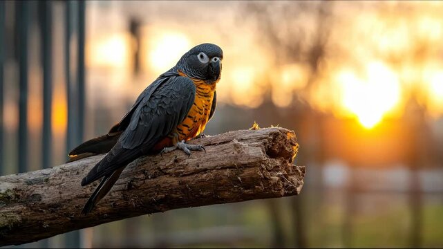 A gray and yellow parrot perches on a weathered log, silhouetted by a golden sunset. The bird gazes towards the light