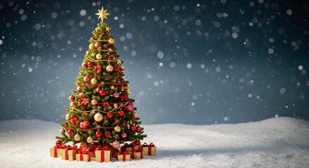 A beautifully decorated Christmas tree, centered in the frame, stands tall amidst a snowy landscape