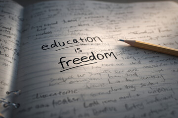 Close up of a handwritten phrase "education is freedom" in a notebook with a pencil representing learning and personal growth concept