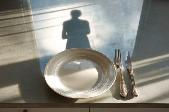 Empty plate and cutlery on kitchen table, with soft shadows and reflections creating a poignant atmosphere, symbolizing the struggle with eating disorders and self-image