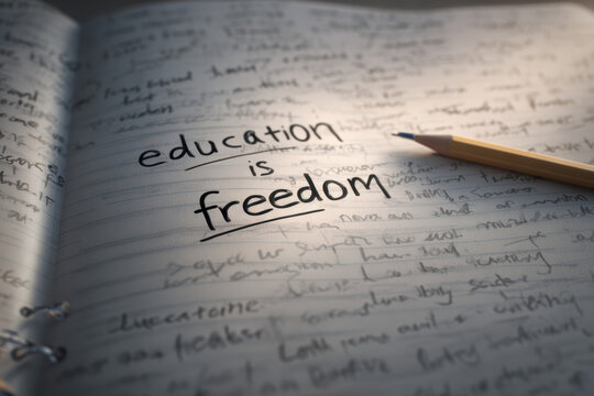 Close up of a handwritten phrase "education is freedom" in a notebook with a pencil representing learning and personal growth concept