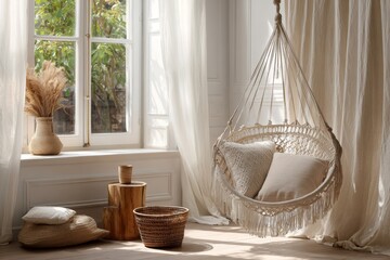 Fototapeta premium Macrame hammock chair hanging in a cozy sunlit corner, surrounded by natural decor elements, creating a warm and inviting atmosphere for relaxation and comfort
