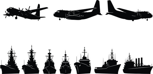 Military aircraft and naval warship silhouette collection featuring transport planes and battleships, defense force vehicle icons isolated on white background © Chopon