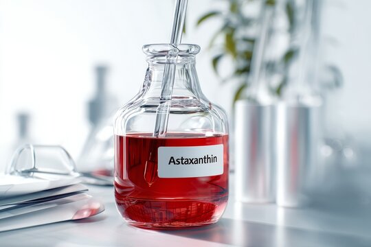 Laboratory beaker filled with vibrant red astaxanthin extract, showcasing microalgae properties, surrounded by glassware and a serene workspace atmosphere