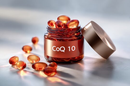 Open jar of amber-colored CoQ10 capsules with a shiny lid, surrounded by scattered capsules, showcasing health benefits and dietary supplement concept