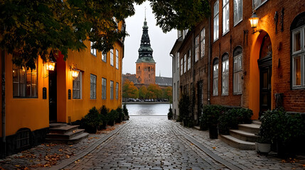 Cobblestone Street with Green Building and Distant Tower