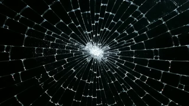 Cracked glass with radial fractures and bright central impact
