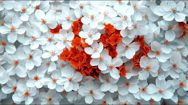 A floral mosaic features white petals with orange centers, interspersed with a cluster of bright red blossoms. The arrangement is dense