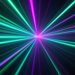 Vibrant neon light beams radiating from a central point in a dark space, creating a mesmerizing display of purple and green hues
