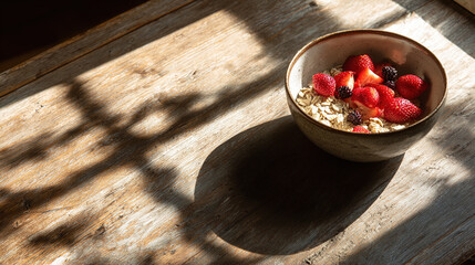 A simple, wholesome breakfast on a sunlit wooden table with a beam of light illuminating a bowl of oats and fruit.
