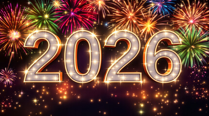 Happy New Year 2026 3D golden numbers with sparkling lights and colorful fireworks background