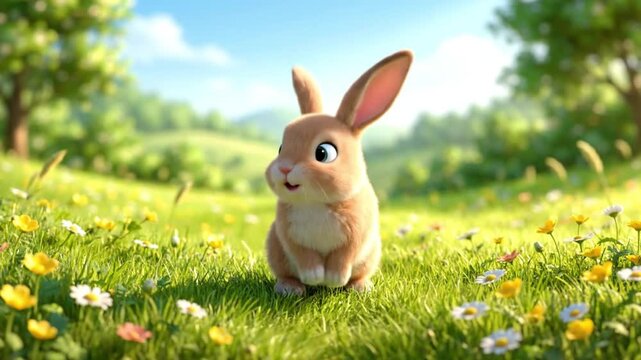 A charming, digitally animated brown rabbit with large expressive eyes stands alert on its hind legs in a picturesque, sunlit meadow. Lush green grass and a scattering of small yellow and white wildfl