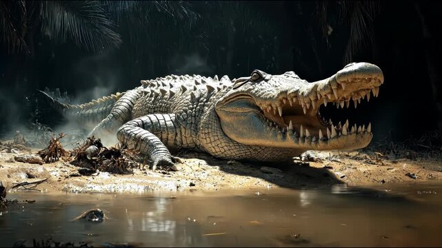 A huge, scaled reptile with a gaping mouth rests on muddy terrain near water. Steam rises in the shadowed backdrop. Palm fronds
