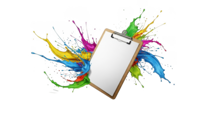 Clipboard with Colorful Paint Splashes isolated on transparent background paper white paper