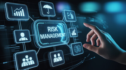 Hyper-detailed cyberpunk UI illustration, glowing neon blue-cyan panel showing ‘RISK MANAGEMENT’, floating holographic icons, 3D depth, professional analytics, futuristic high-tech interface.