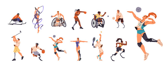 Professional sportsmen with disabilities set. Athletes with prosthesis run, swimming, skiing, boxing. People in wheelchairs play basketball. Flat isolated vector illustrations on white background. © Paper Trident