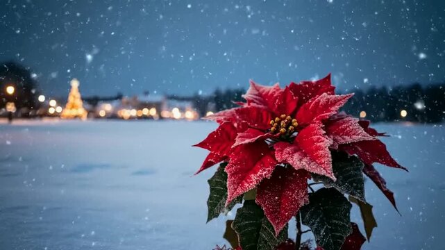 Frosted poinsettia in snowy landscape with city lights