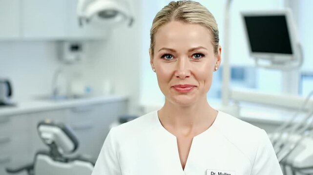 Smiling female dentist in modern dental clinic with name tag