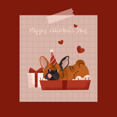 French Bulldog. Valentine's Day. Greeting poster. February 14 Love. Gift box and hearts. Dog breed. Cute, funny pet. Domestic animal. Purebred dog. Cartoon vector illustration.