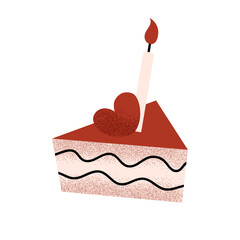 A piece of sweet cake with a heart and a candle. Valentine's Day. Romantic holiday. February 14. Love. Cartoon vector illustration isolated on white background.