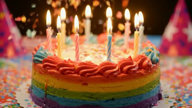 Vibrant rainbow birthday cake with lit candles and party hats
