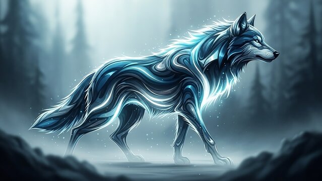 A mystical glowing wolf illustration with flowing luminous fur patterns, walking through a foggy forest environment. This fantasy digital artwork features blue and cyan light effects, symbolizing stre - Powered by Adobe