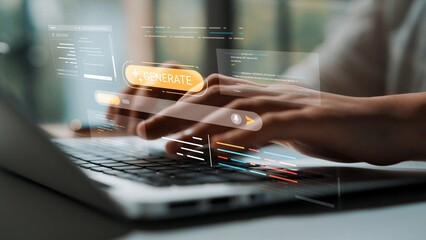 Hands Typing on Laptop Keyboard with Virtual Interface Icon of Generate Button and Data Analysis Elements in Modern Workspace Setting Gluon.