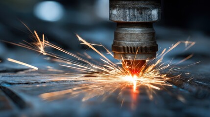 Closeup medium shot of laser engraving process on a metal surface outdoors with bright sunlight highlighting the precise cutting details.
